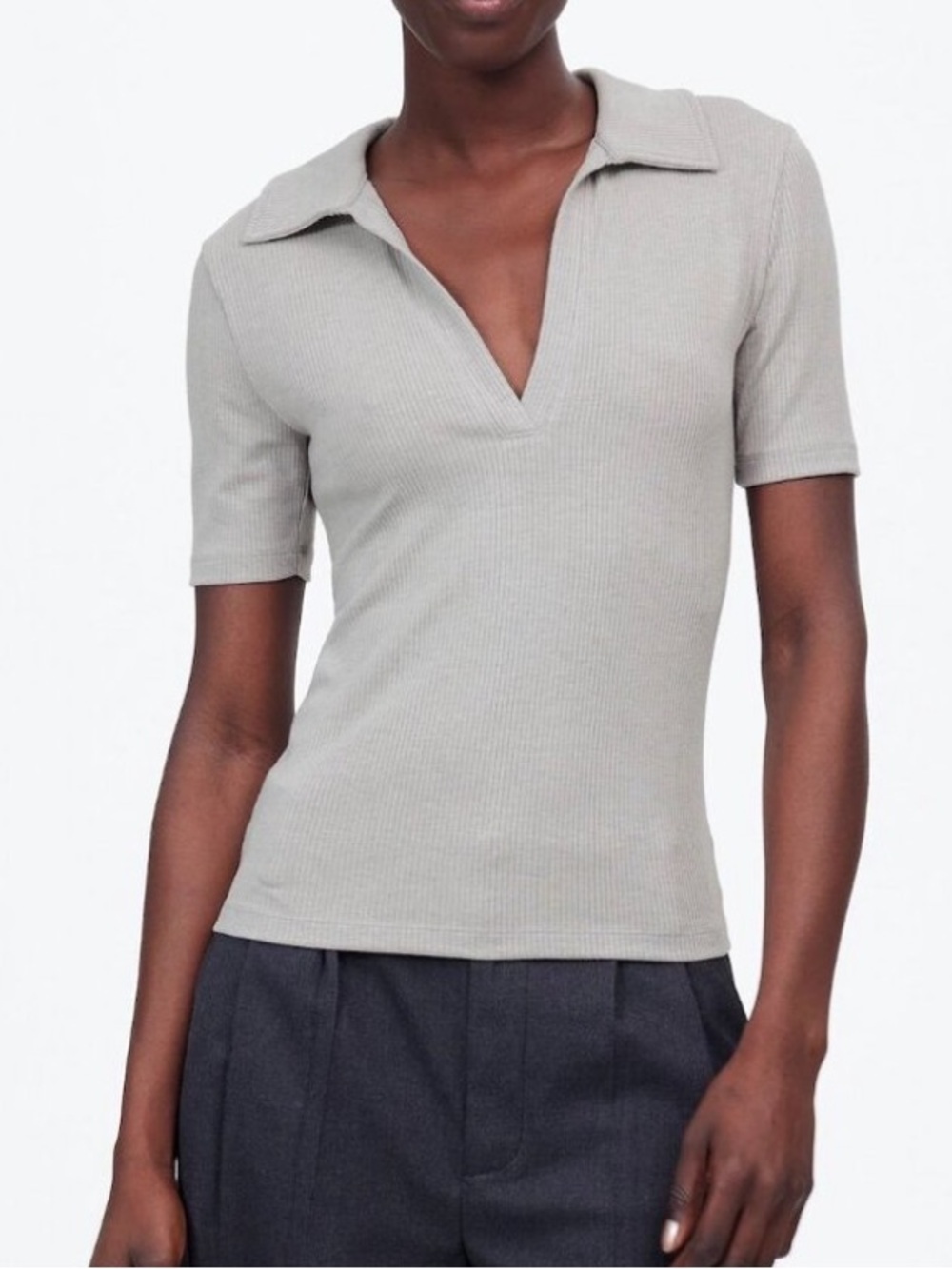 NWT Madewell Drapey Rib Short-Sleeve Polo Top Gray Size S CUT RUN OVER